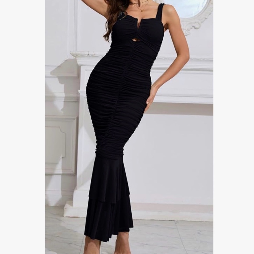 Ruched Bodycon Mermaid Fishtail Maxi Black Dress